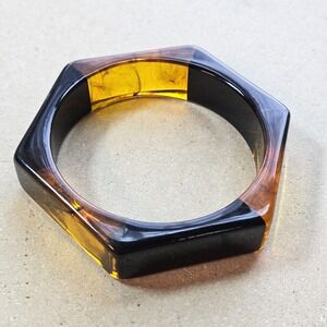 Vtg 70s 80s Hexagon Bangle Bracelet Black Amber Tortoise Shell Geometric Chunky